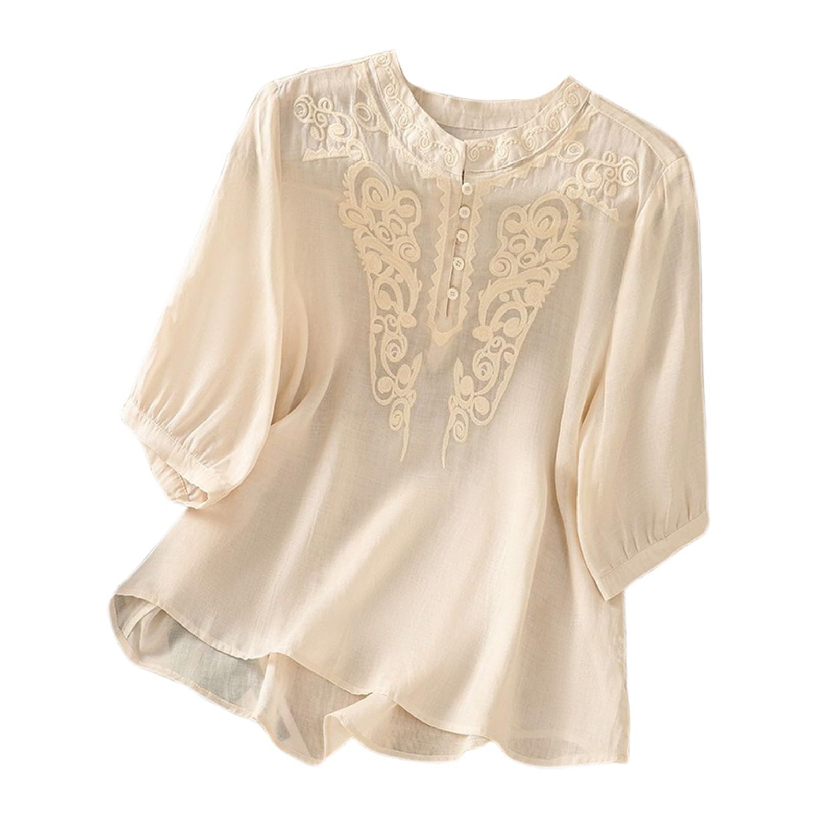 Women's Embroidered Round Neck T-Shirt Casual Loose Fit Blouse Soft Comfortable Top for Everyday Wear (Beige, XXXXL)