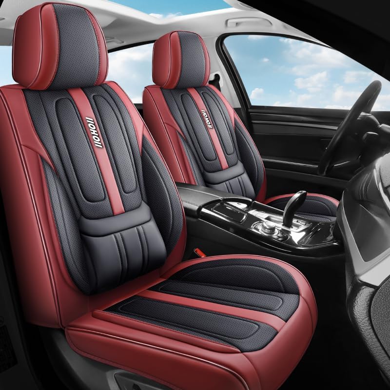 PU Leather Car Seat Covers, Universal Front 2 or Full 5 Seat Set, Waterproof Seat Protectors Easy Installation for Cars Trucks SUVs (Red, Front Pair) Red Front Pair