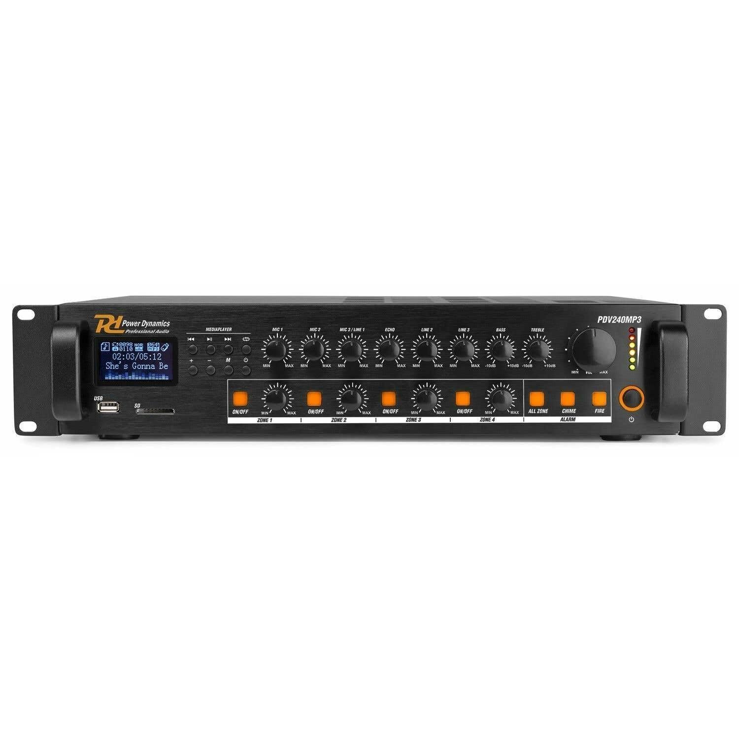 Power Dynamics PDV240 - Amplificador Mezclador 4 Zonas 240W con Reproductor USB SD Radio FM Bluetooth Mic 3X entradas Alarma Fuego 100V 8 Ohm Rack 19” Ecualizador Emergencia