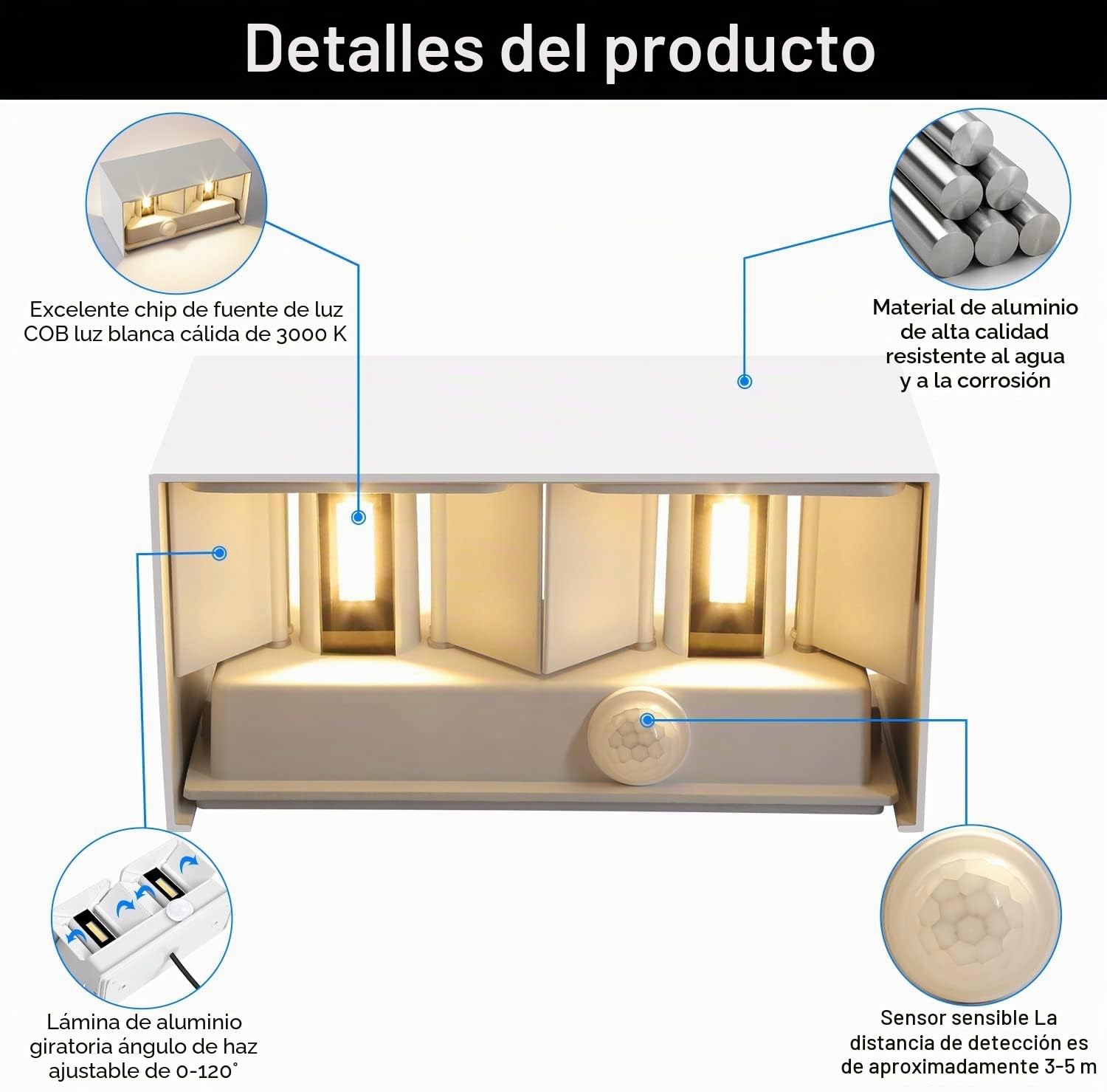 Kingwei 4 Piezas 20W LED Aplique de Pared Exterior Con Detector de Movimiento 3000K Luz Blanca Cálida Luminaria Exterior de Pared IP65 Lámpara de Pared Con Ángulo de Haz Ajustable Diseño Arriba Abajo
