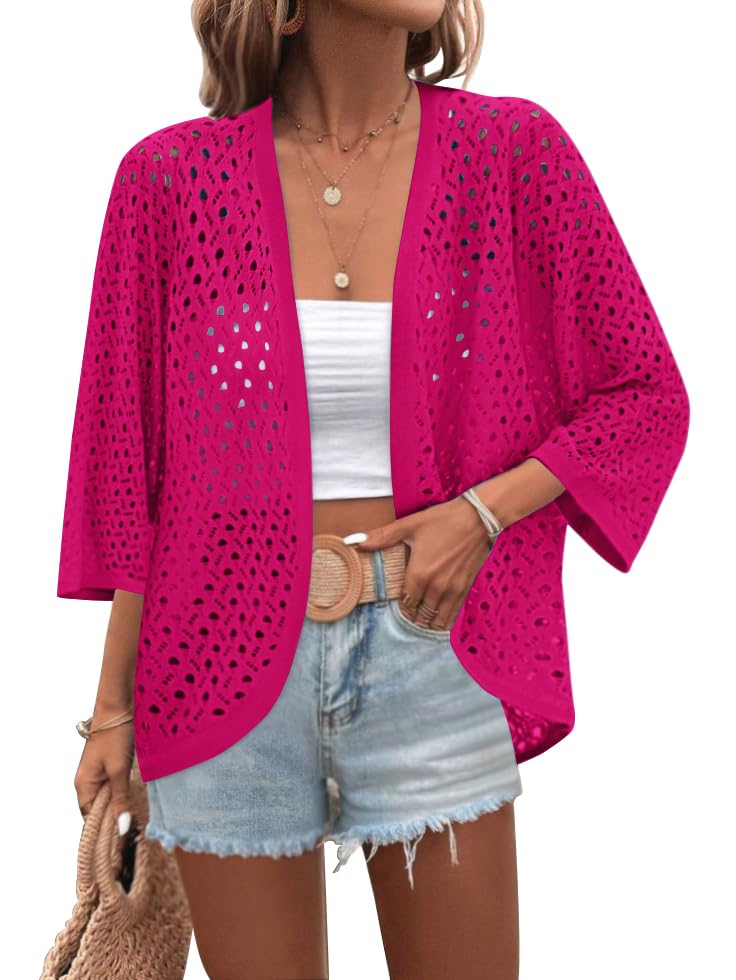 Image of Zeagoo Womens Summer Crochet Cardigan Sweaters Lightweight Open Front 3 /4 Sleeve Batwing Kimono Boho Knit Cover Ups 2026