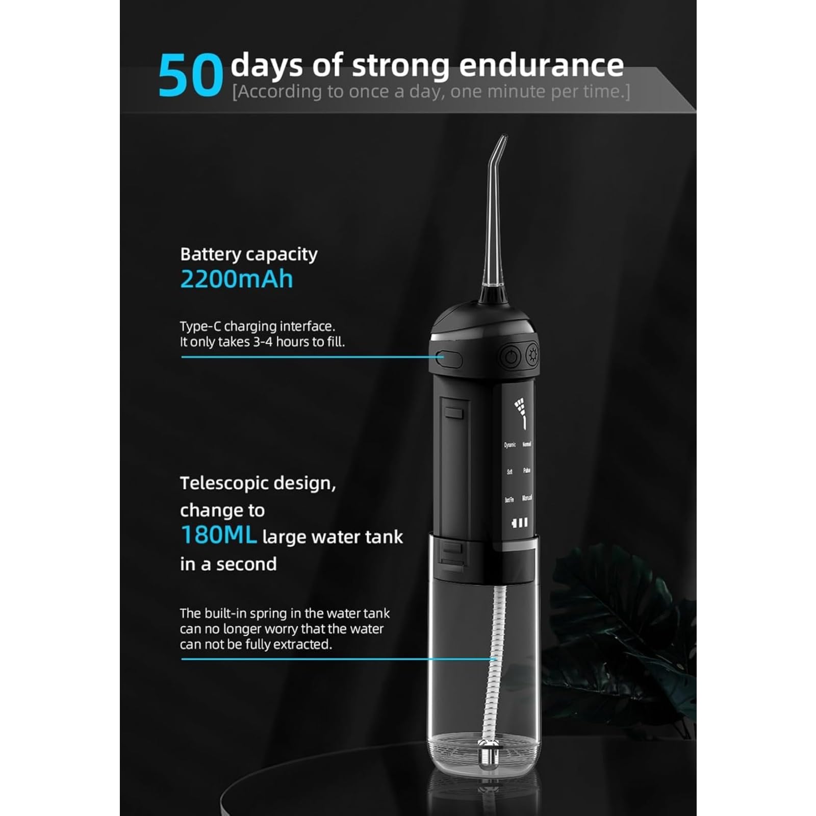 Cortelec Irrigador Bucal Con LED Inteligente,Irrigador Dental Portátil,6 Modos,Depósito Extraíble,IPX7 Impermeable,Limpiador Bucal Recargable Para Ortodoncia Y Dientes Sensibles (Negro)