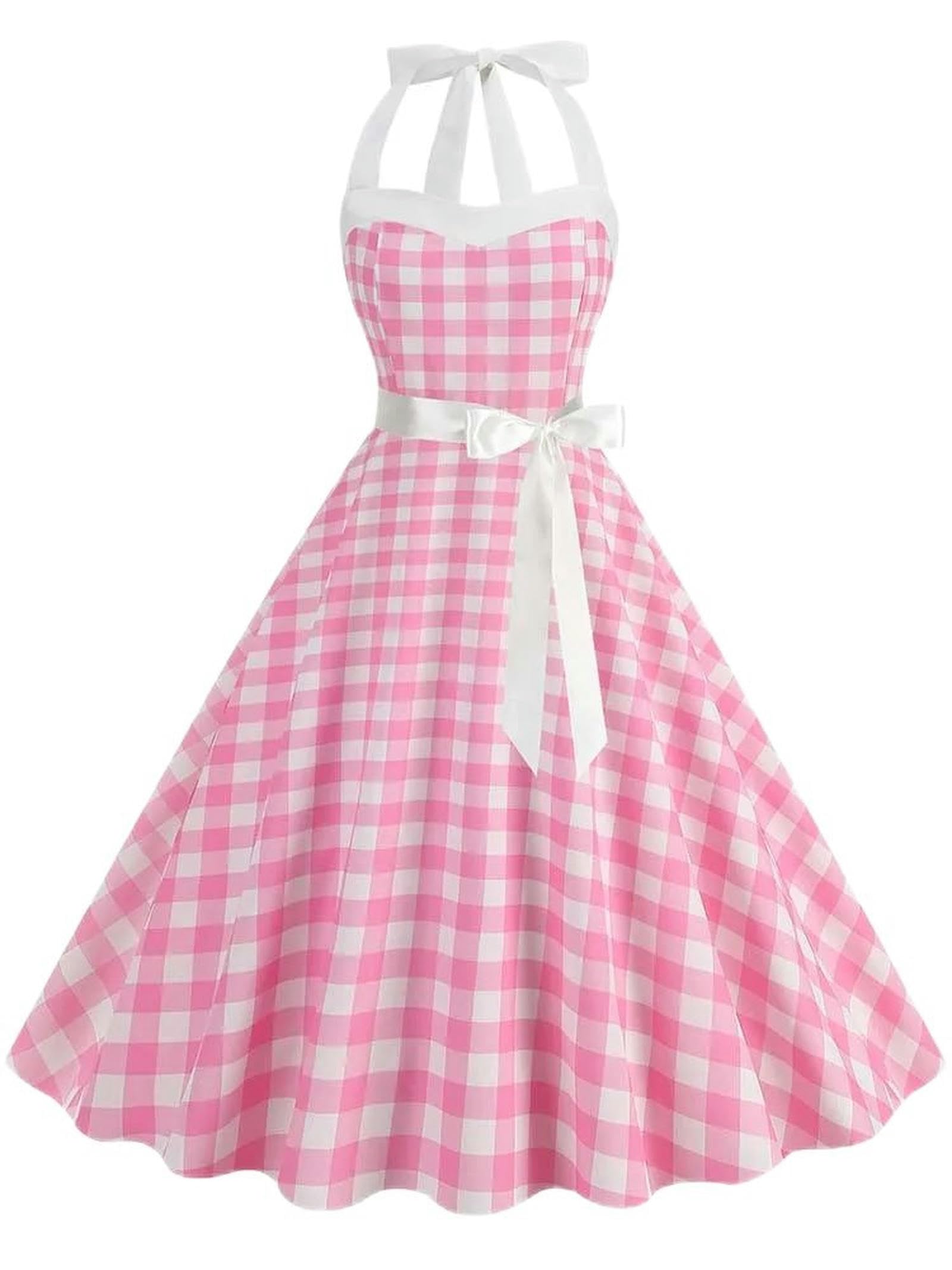 Vestido de Fiesta Vintage Elegante de Verano para Mujer, Estilo años 50 y 60, con cinturón, patrón de Cuadros Rosas, Vestidos Rockabilly de Vacaciones, Cuadros Rosas M