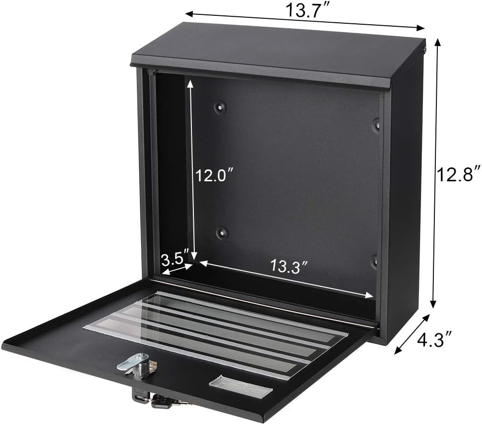 Locking Mailbox Wall Mounted Vertical mailboxes with Key Lock Large Capacity Steel Cover Metal Postbox for House Home Outside,Key Lock Drop Box with Galvanized Cover,13.6 x 12.8 x 4.3Inch 918 Black Large