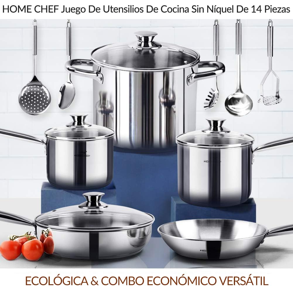 HOMICHEF Juego de utensilios de cocina de acero inoxidable sin níquel de 14 piezas - Ollas y sartenes sin níquel - Juego de utensilios de cocina no tóxicos - Batería de cocina de inducción saludable