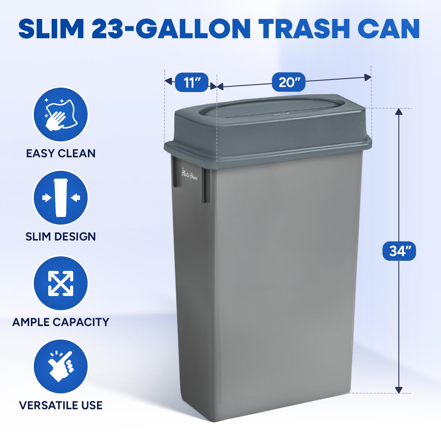 PLASTIC PRINCE 23 Gallon Slim Trash Can with Swing Lid Commercial Gray Rectangular Garbage Can with Drop Shot Lid Waste Bin with Double Flip Top for Restaurant Home Kitchen Office 2 Pack
