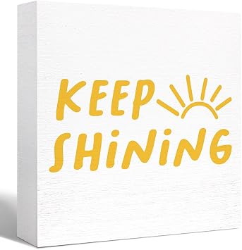 Inspirational Wood Box Sign Keep Shining Sunshine Wooden Block Signs Motivational Desk Decor for Home Office Bedroom Table Decor,Cheer Up Gifts for Women Girl Friend