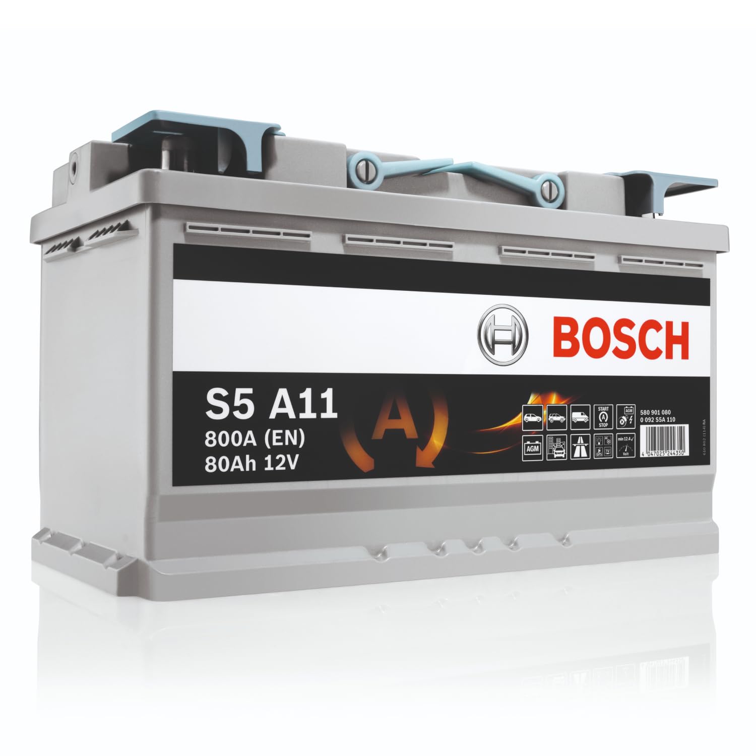 Bosch S5 A11 Autobatterie 80 Ah - 800 A - 12 V, AGM Blei-Säure-Batterie für Fahrzeuge mit Start-Stopp-Automatik und Bremsenergierückgewinnung - Polarität: links - rechts +, 315 x 175 x 190 mm