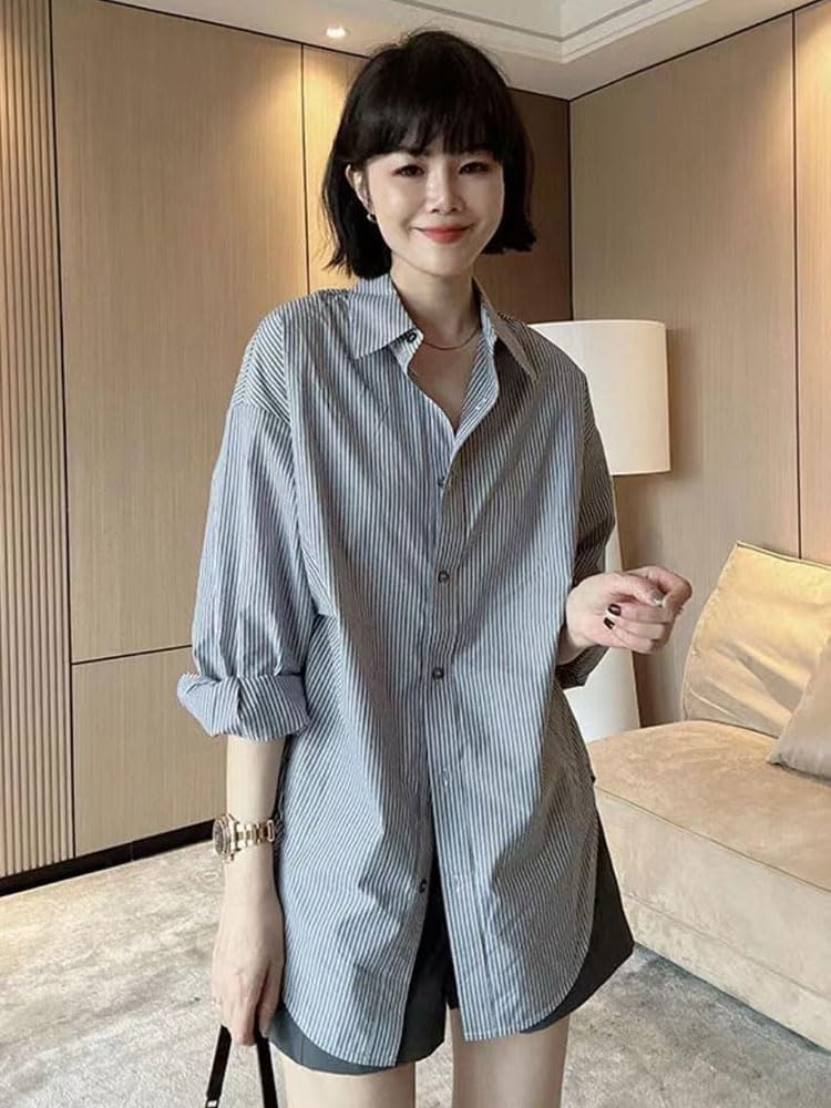 MAFSMJP Women's Button Down Shirt Casual Office Work Shirts Korean Loose Stripe Autumn Blouse for Women