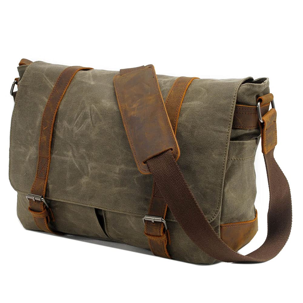 Neuleben Borsa impermeabile per fotocamera DSLR, borsa a tracolla vintage grande, in pelle, verde, L38/W12/H28,