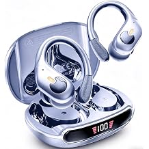 WHYKJTEK Active Noise Cancelling Wireless Earbuds with Earhooks, Bluetooth Sports Earphones, 80H Total Playback, Dual LED Battery Display, Blue