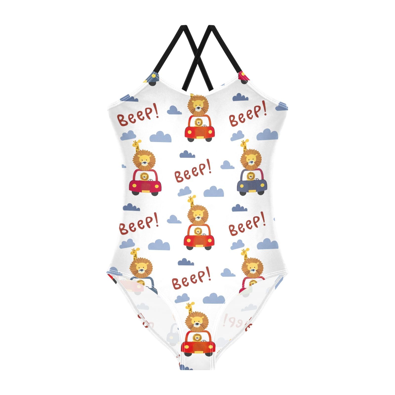 CHIFIGNO Cute Lions Cars White Swim Suits for Girls, Swimsuits for Girls One Piece Sport Summer Beach Swimwear for 7-8 Years Old