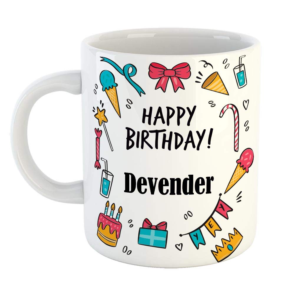 FurnishFantasy Ceramic Coffee Mug - Best Gift for Happy Birthday Mug , Color - White, Name - Devender