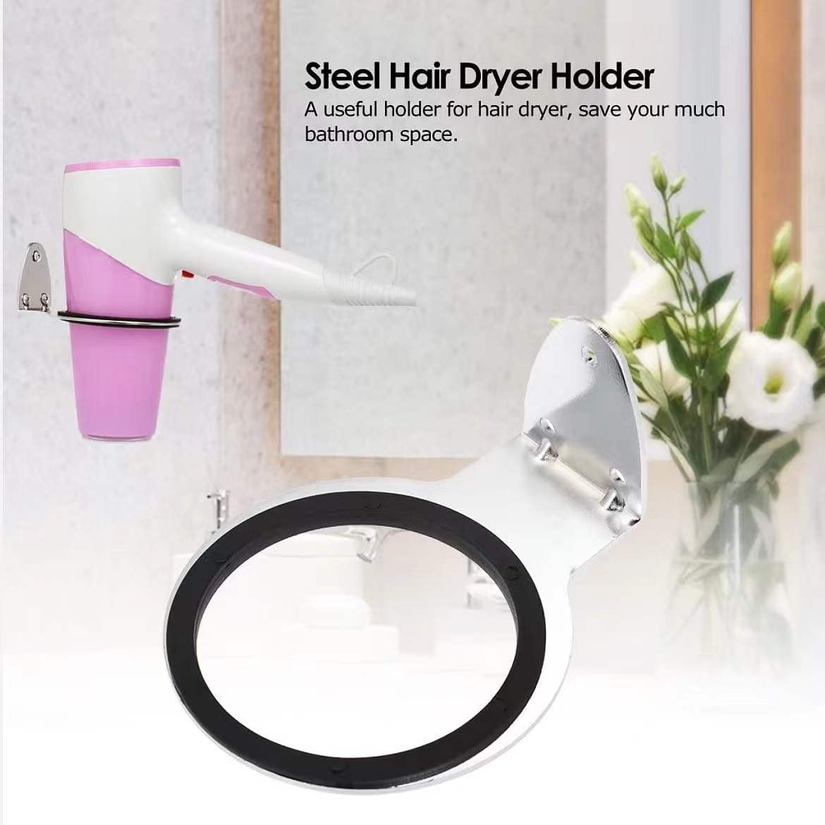 Oligitdi Stainless Steel Hair Dryer Wall Mount Holder Stand Bracket Wall Mount Hair Blow Dryer Hanging Rack, Hanging Stand, Hair Dryer Holder Bathroom Wall Storage, Shelf Organizer Stand Hooks Dryer Stand (Silver) - Image 3 thumbnail
