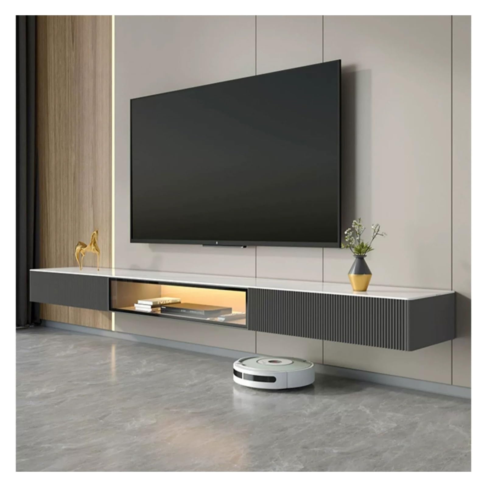 Naścienna szafka pod telewizor pływający stojak na telewizor z 2 drzwiami i 1 półką łupkowy blat nowoczesne pływające centrum rozrywki dla telewizorów Smart TV, szary, 160 cm