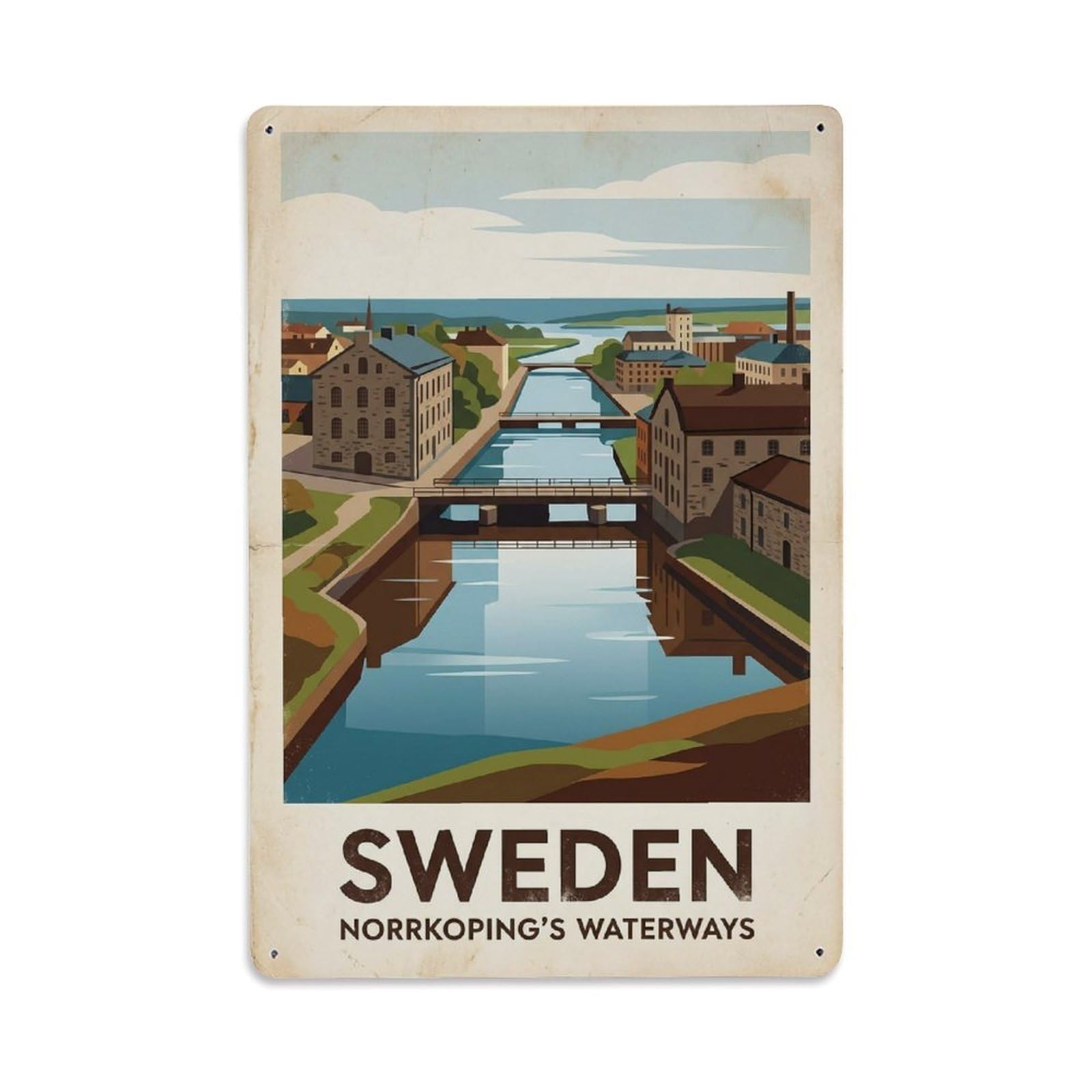 Vintage Travel Norrkoping Sweden Waterways Metal Tin Sign