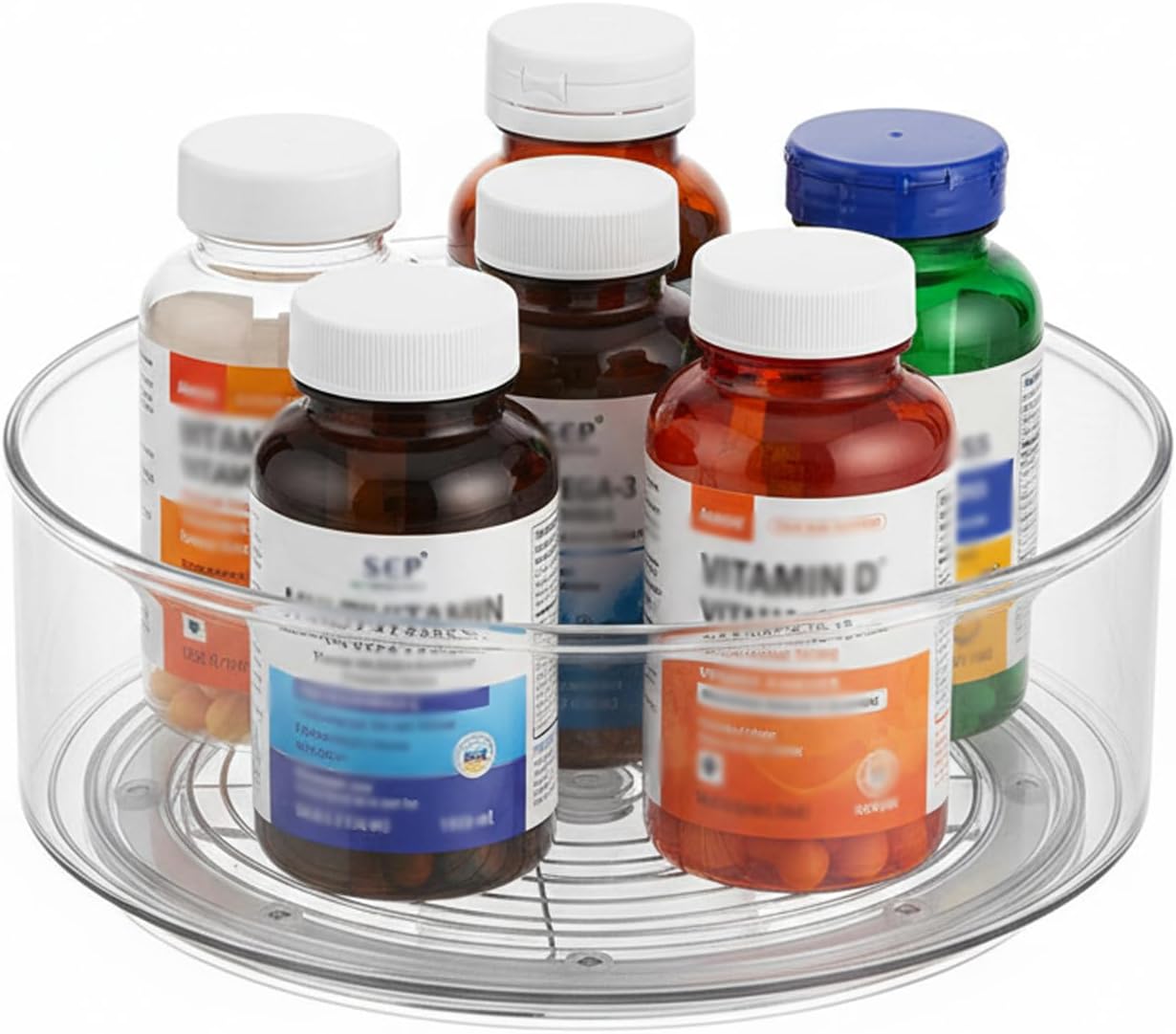 Lazy Susan Turntable Organizer, Plastic Round 360° Medicine & Vitamin Storage Tray, Rotating Pill Bottle Organizer for Bathroom Cabinet, Pantry, Kitchen Countertop, Vanity, Clear