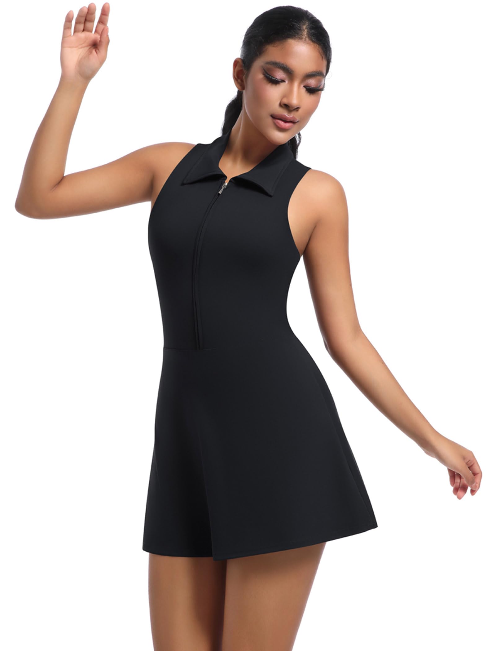 AGYMNX Robe Femme Tennis sans Manche Polo Golf Robe Casual A-Line Plissé Zip Ensemble Vêtements Sport
