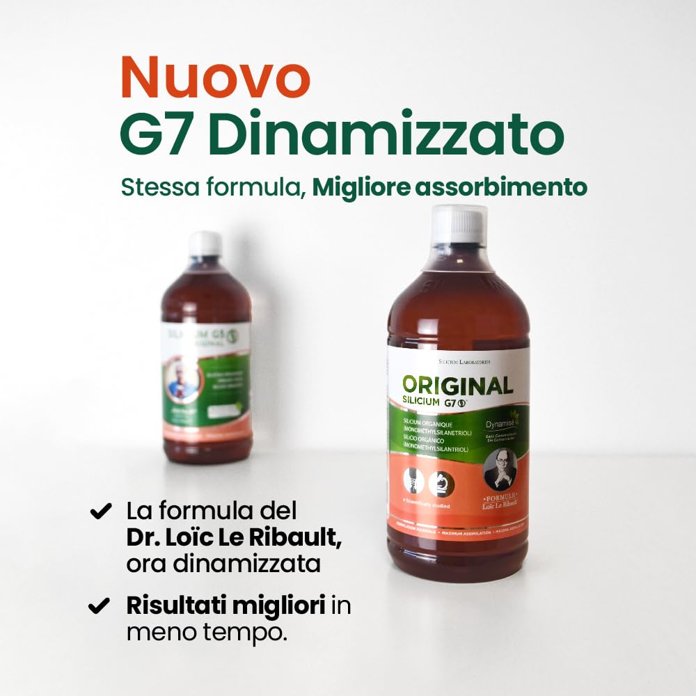 G7 originale. formula migliorata. Liquid Silicon supplemento Vegano che promuove la produzione di collagene. Si rafforza le ossa e le articolazioni e aumenta l'elasticità della pelle. 1000 ml.