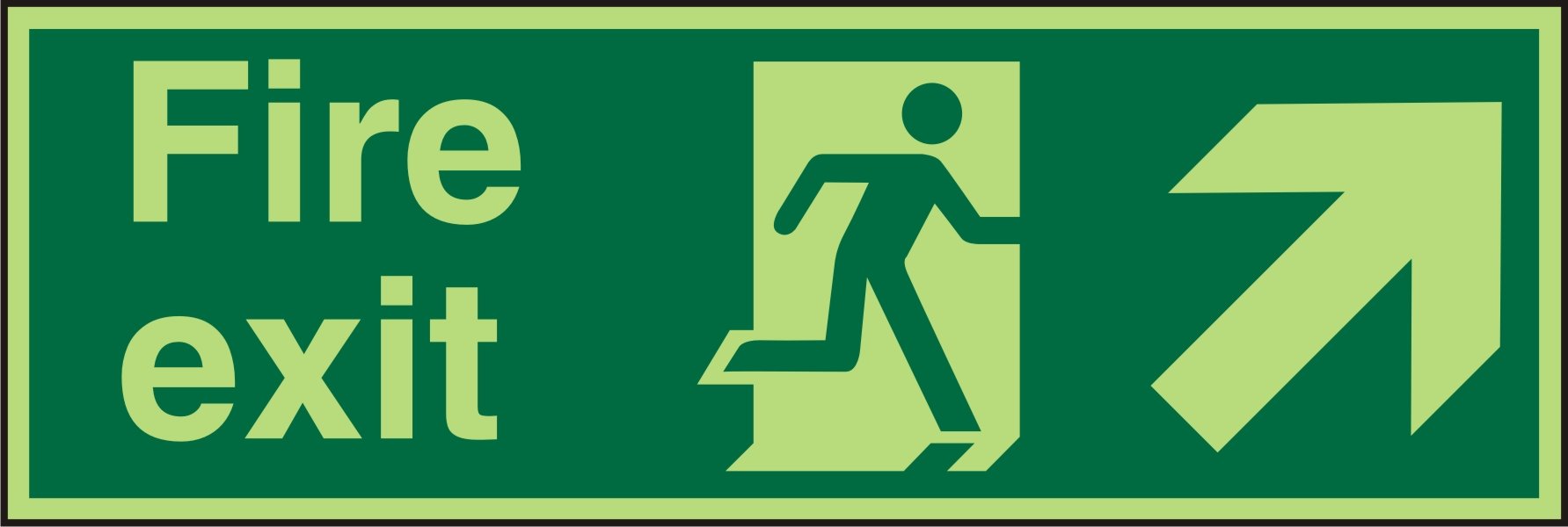 Seco Señal de salida de fuego, salida de fuego, hombre corriendo a la derecha, flecha apuntando hacia arriba y derecha, 450 mm x 150 mm, acrílico fotoluminiscente de 2 mm