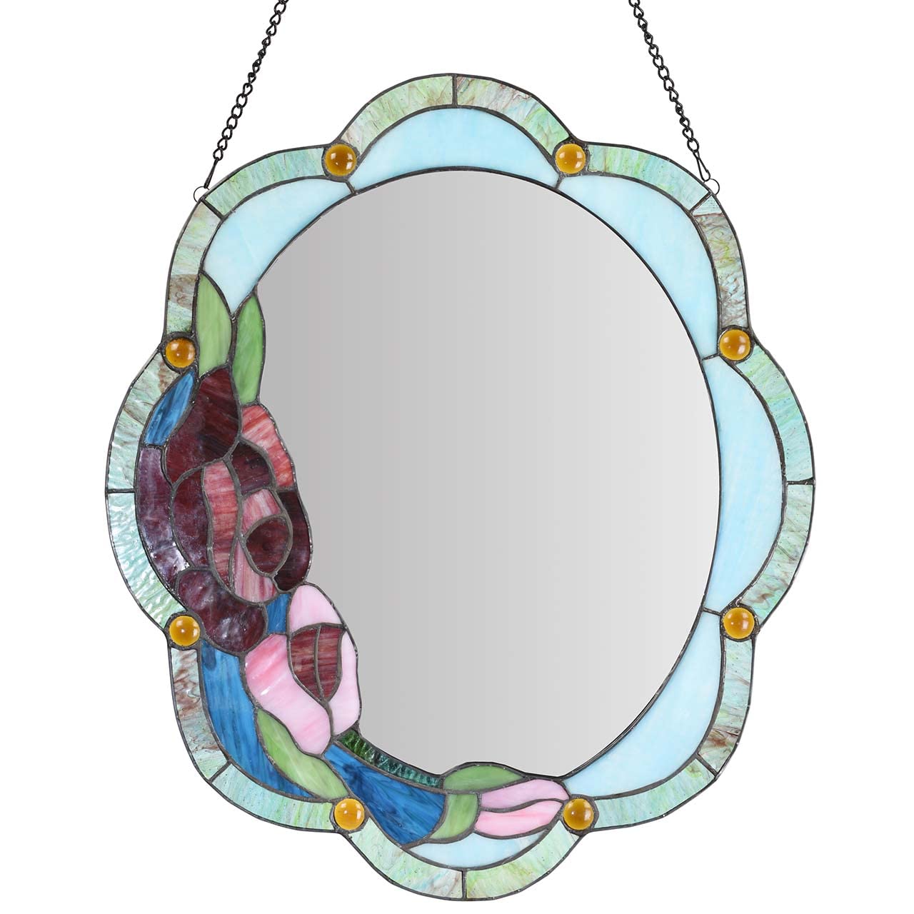 Bieye Rose Flower Tiffany Style Stained Glass Window Panel with Mirror