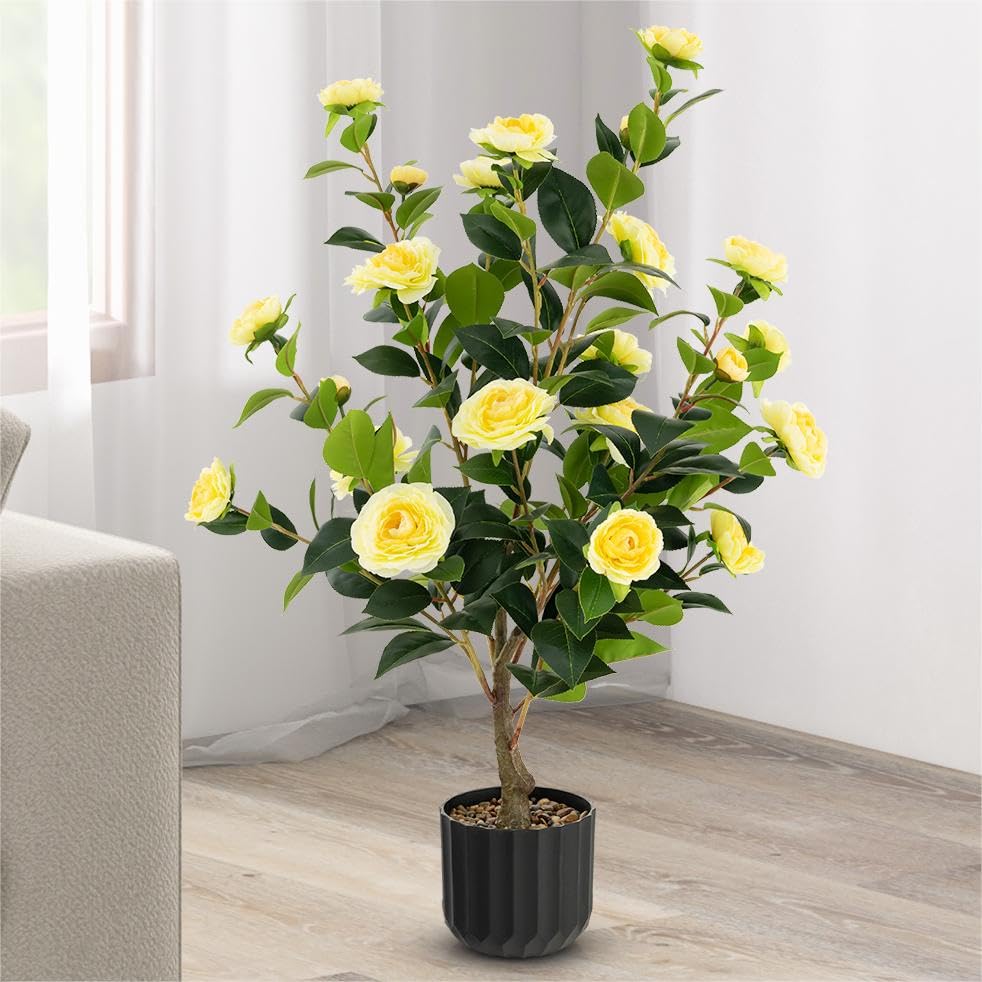 TANGZON 3FT/95CM Artificial Camellia Tree, 1/2 Pack Faux Blooming Floral Plant with 24 Flowers, 186 Green Leaves & Pebble Pot, Indoor Outdoor Decorative Fake Potted Camellia Plant (Yellow, 1 Pack)