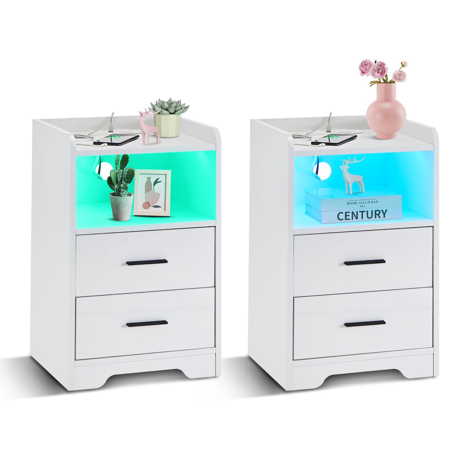 LEMROE White Bedside Table Set of 2 with Charging Station and LED Lights, High Gloss Nightstand with 2 Drawers, Socket and 2 USB Ports, Storage Cabinet End Table for Bedroom, Living Room