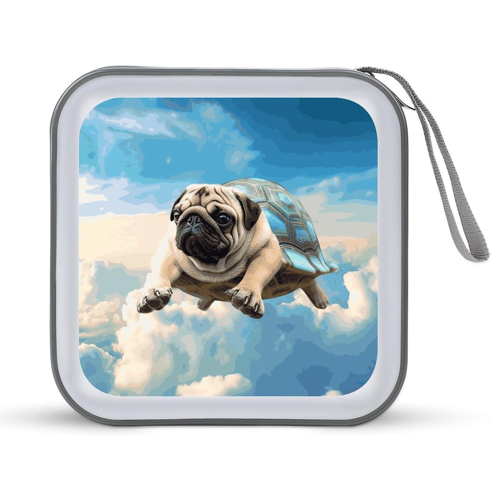 JTREHY Funny Turtle Pug Dog in The Sky CD Case 40 Capacity Case Zipper CD Collection Bag with Handles Cover DVD Storage Hard Plastic DVD Disc Cases Storage Binder for Car Home Office Travel