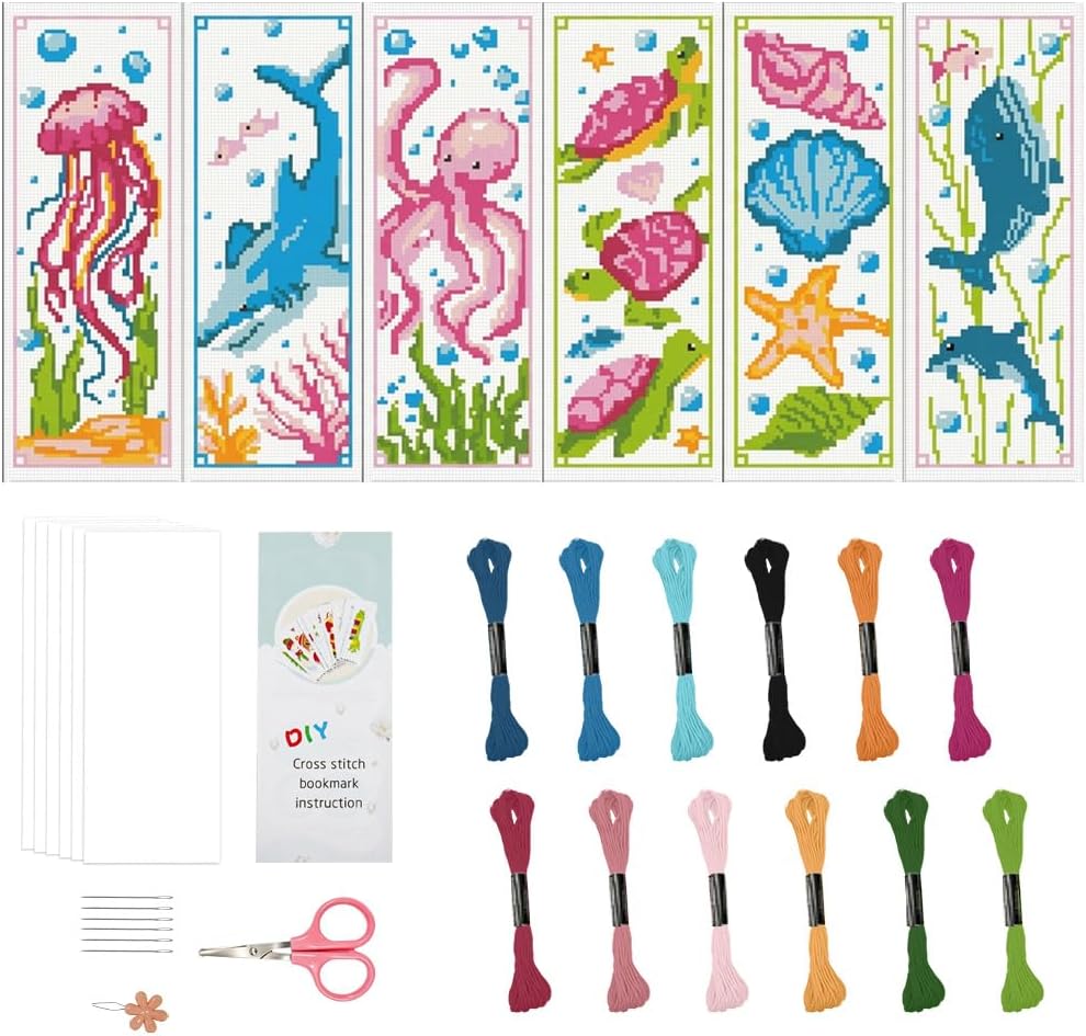 6Pcs Sea Animal Cross Stitch Bookmark Kit for Beginners 3.15 x 9.06 Inch, Embroidery Bookmark Patterns Octopus Shark Turtle Shell Stamped Book Mark Kit with Tools Instructions for Adults