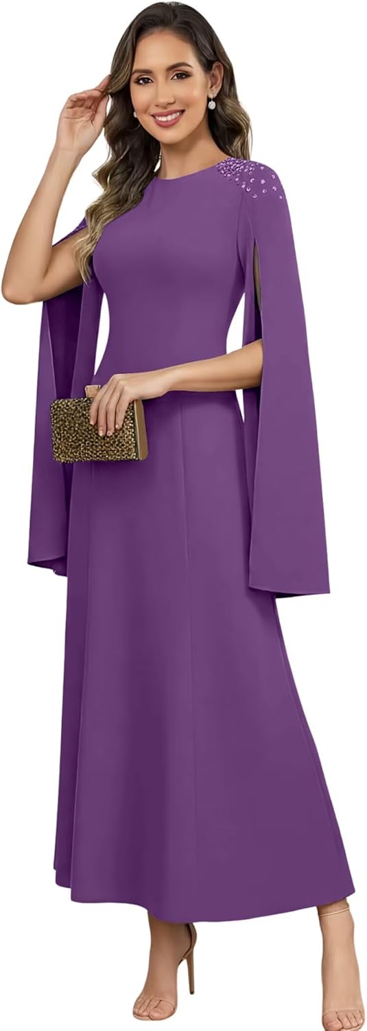 Scoop Neck Mother of The Brides Dresses Long Sleeve Bead Formal Party Dress with Po...