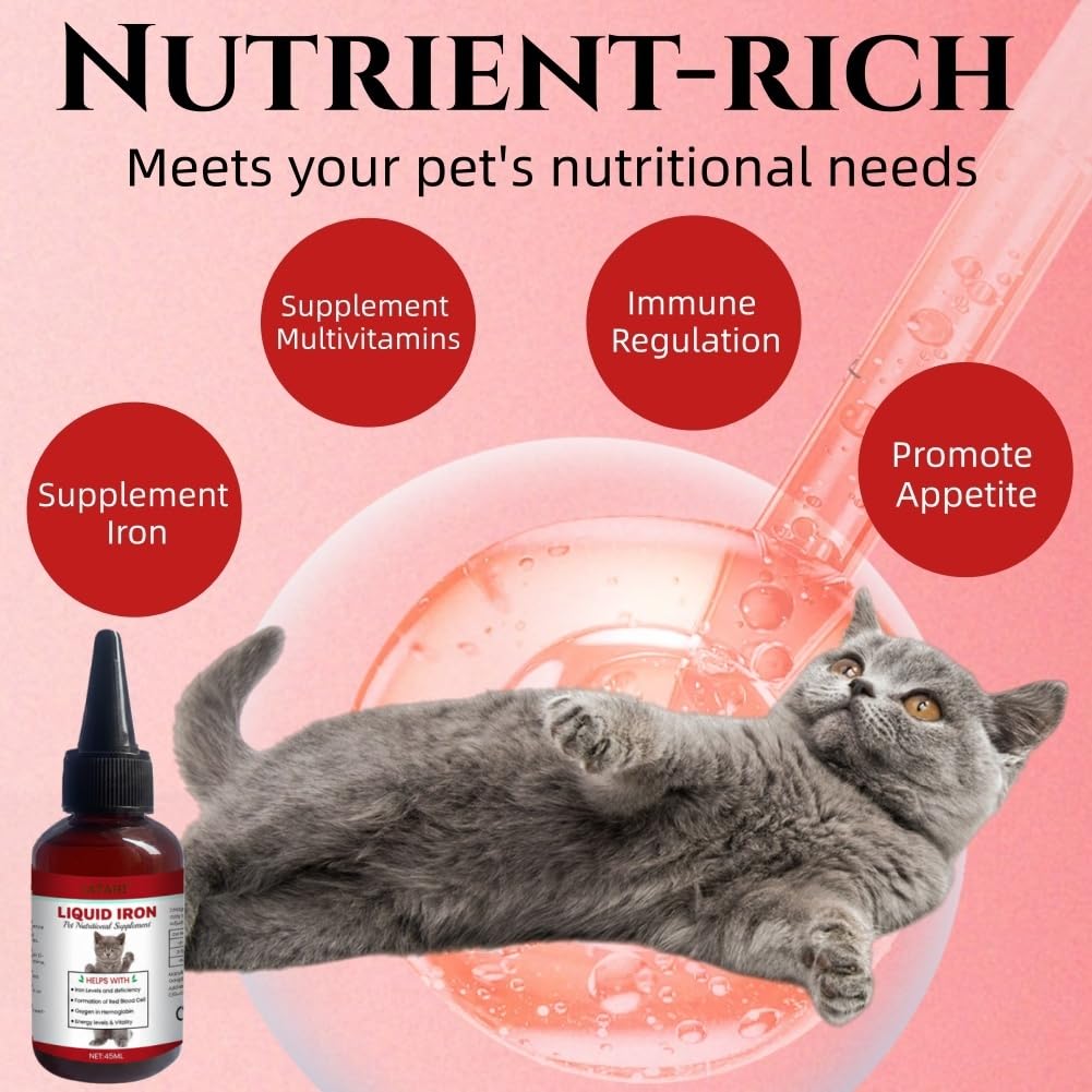 Flüssige Eisenpräparate für Katzen,2pcs Flüssiges Eisen Ergänzungen für Hunde,Hunde Eisen Tropfen mit Vitamin B12 & Folsäure,Katze Vitamine und Ergänzungen mit Vitamin C und B12,45ml