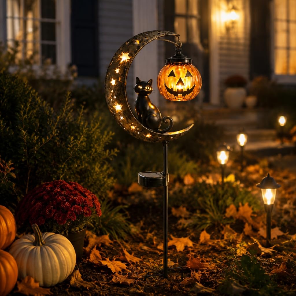 Lampe solaire d'Halloween en forme de chat noir et citrouille - Décoration de jardin LED étanche - Décoration d'allée en verre craquelé à suspendre - Citrouille creuse en métal pour cour