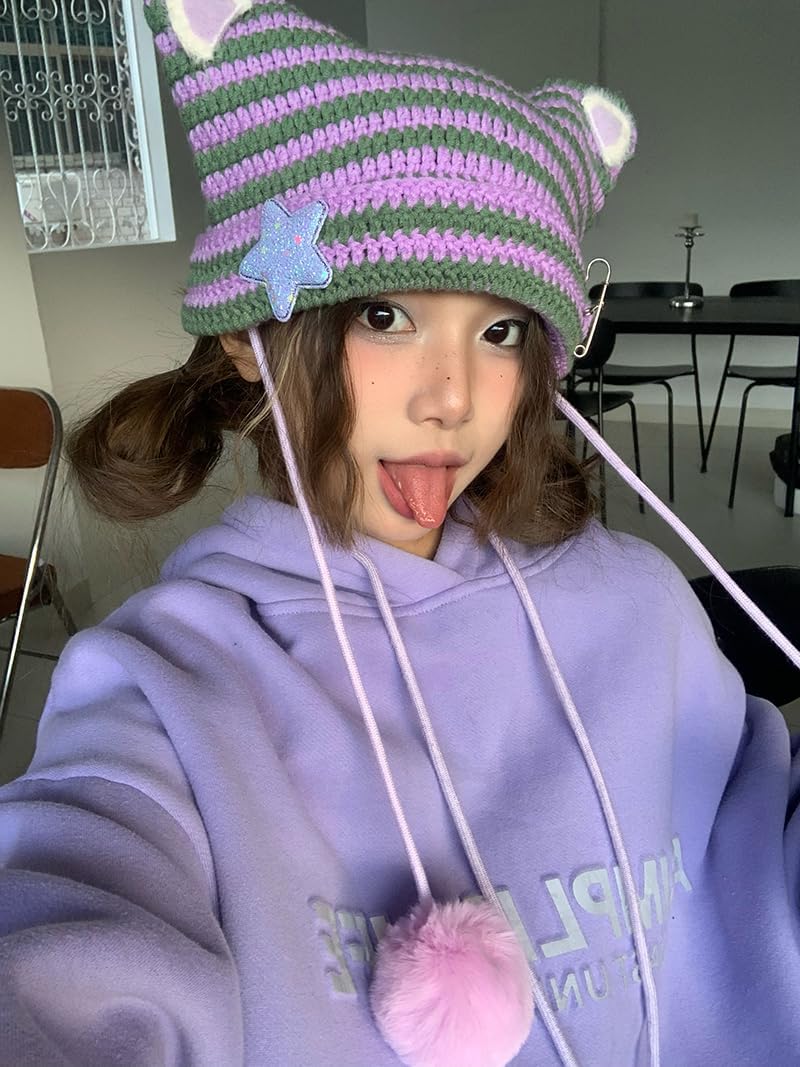 Y2k Beanie Cat Ear Gyaru Acubi Devil Crochet Hats Cute Kawaii Star Grunge Aesthetic Pompoms Cutecore Y2k Harajuku Clothes