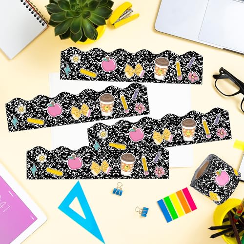 Image of BeYumi Composition Rolled Border Trim - 65ft Back to School Composition Pencil Bow Scalloped Rolled Border Trim Ruler Apple Bulletin Board Set School Classroom Office Chalkboard Party Holiday Decor