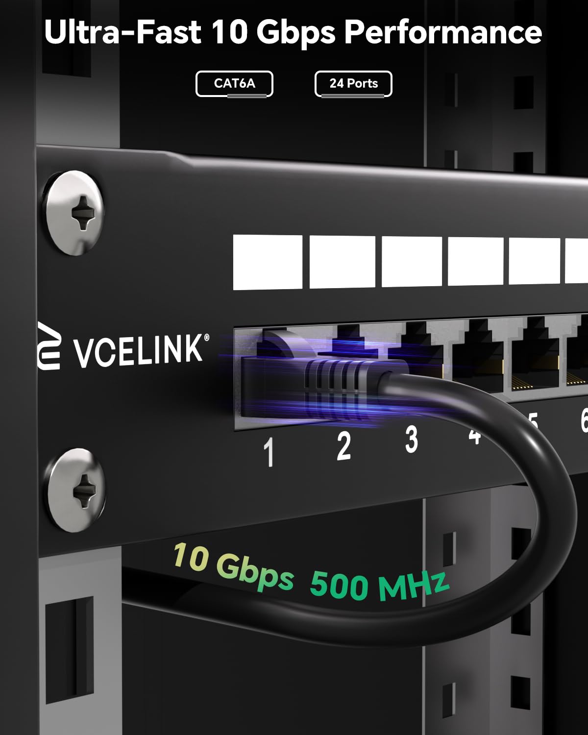 VCELINK Pannello Patch CAT6A 24 Porte Schermato Rack 19" 1U RJ45, 500MHz | Banda passante 500MHz conforme standard EIA/TIA 568A&B, trasmissione 10G stabile senza interferenze