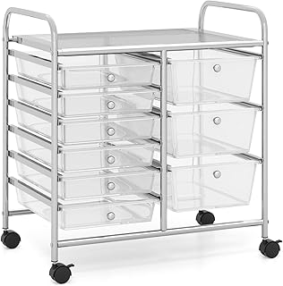 TANGZON 9 Drawers Storage Cart, Multipurpose Rolling Carts with Lockable Wheels, Mobile Utility Storage Trolley Organizer for Home Office Stationery Beauty Salon (Transparent)