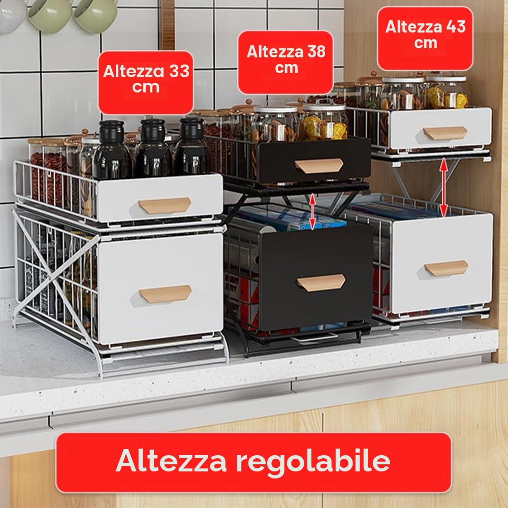 Organizer Sottolavello Portaoggetti con Cestelli Scorrevoli Estraibili, Per l'interno di Pensili,Armadi,Scaffali,Piani lavoro,Scrivanie.Per Casa,Ufficio,Bagno,Cucina,Camere,40*26*43 cm-bianco-1 pz