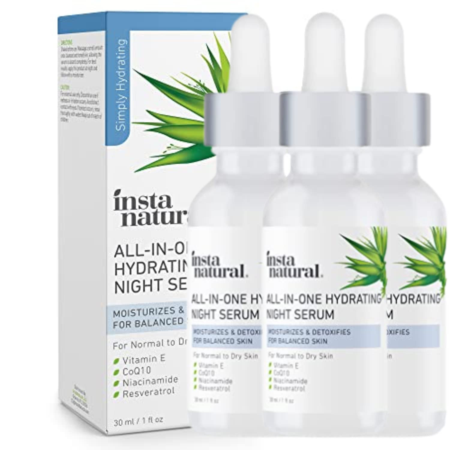 InstaNatural All-In-One Hydrating Night Serum, Niacinamide Serum with Vitamin E, Vitamin C, Squalane, and Hyaluronic Acid