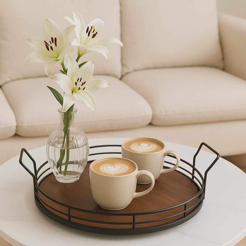 Eden & Willow Round Metal Serving Tray with Handles and Wooden Base, 34cm