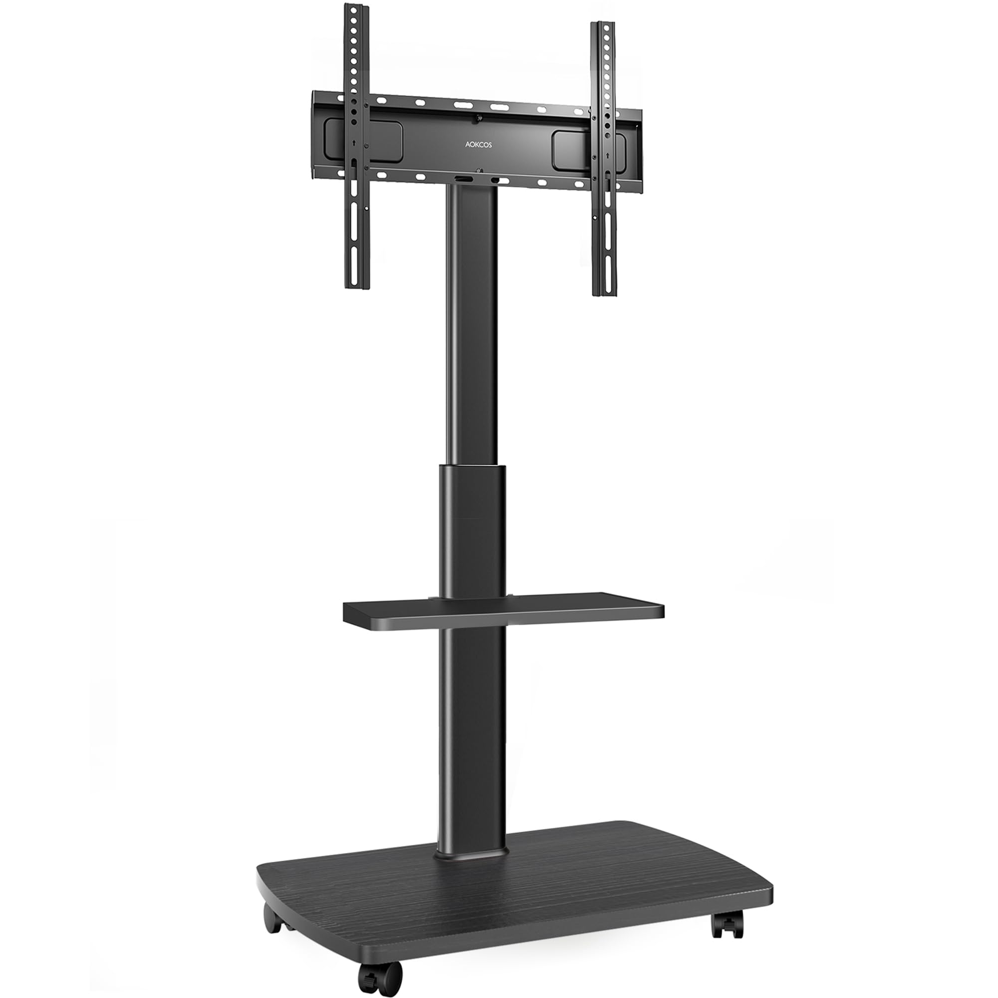 AOKCOS TV Ständer Rollbar mit Holzablage Regal, Fernsehständer auf Rollen für 32-65 Zoll, bis 40 kg, VESA 400x400mm (Schwarz)