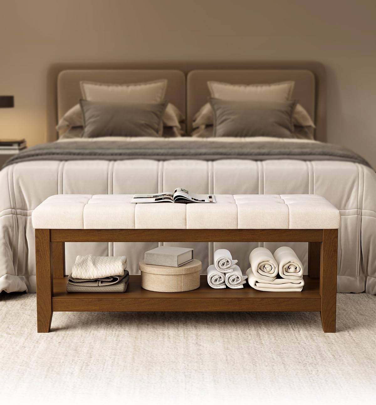 Solid Rubber Wood Shoe Bench, Soft Chenille Material Upholstered Seat, 770LB Load Capacity, Multi-Storage for Entryway/Bedroom/Living Room, Vintage Style, 43.3"x15.7"x17.7", White,UASND65W 43.3“ Chenille & White