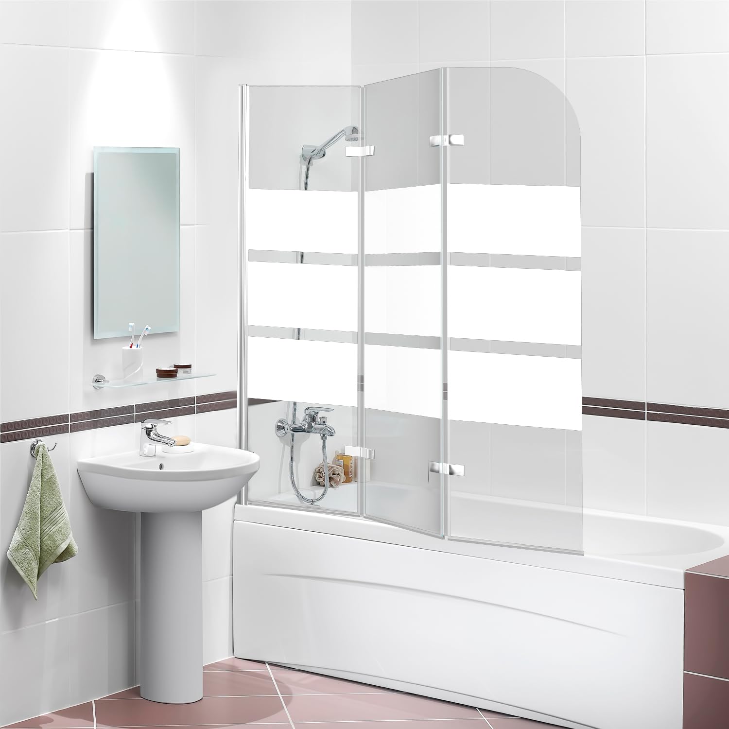 Mampara de ducha plegable para bañera, 120 x 140 cm, 3 piezas, cristal de seguridad (EGS), diseño de rayas blancas
