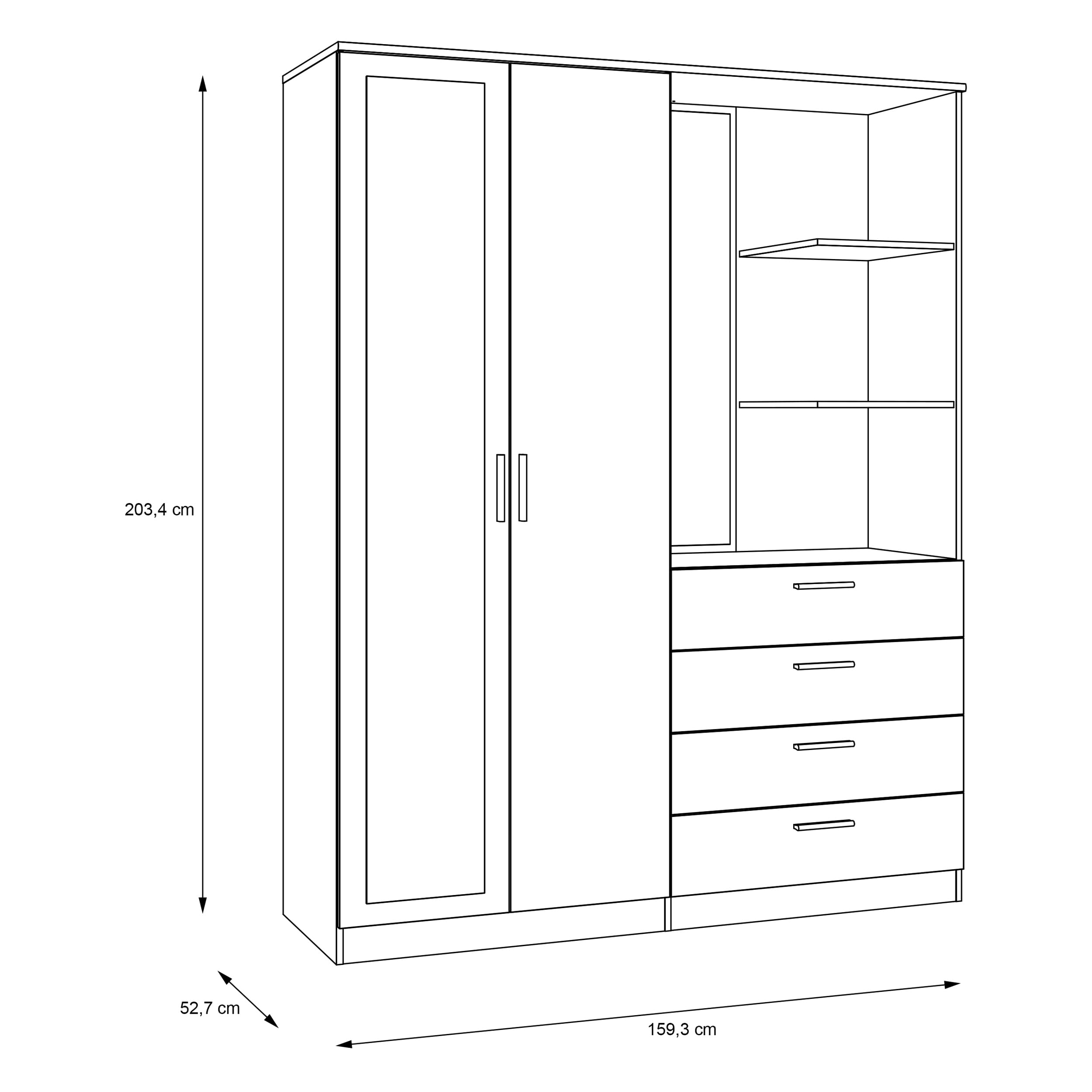 Forte DEWANIA Kleiderschrank 160, Schrank mit offenen Regalfächern und Spiegel, Holzwerkstoff, Weiß, 159,3 cm breit, 203,4 cm hoch, 52,7 cm tief