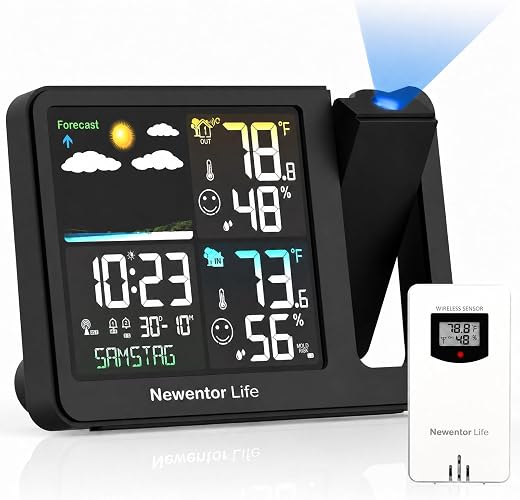 Newentor Projection Alarm Clock, Projection Clock for Bedroom Ceiling, Weather Station Thermometer