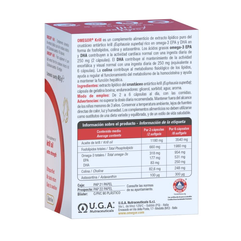 Aceite de Krill Omega 3 IFOS Certificado - OMEGOR Krill Oil Omega3 EPA y DHA con Fosfolípidos, Colina y Astaxantina de Alta Biodisponibilidad - sin Sabor a Pescado (60 Cápsulas)