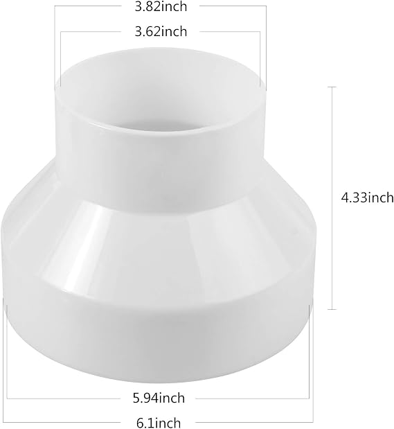CABAX Duct Reducer 6 to 4 inch Air Duct Adapter HAVC Pipe Connector for Inline Ventilation System (150mm to 100mm), White