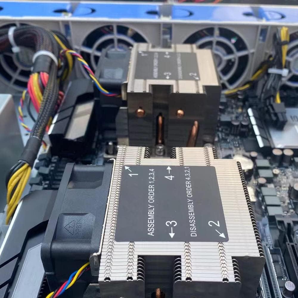 Close-up of CPU coolers on the WS C621E SAGE motherboard, showing assembly order labels.