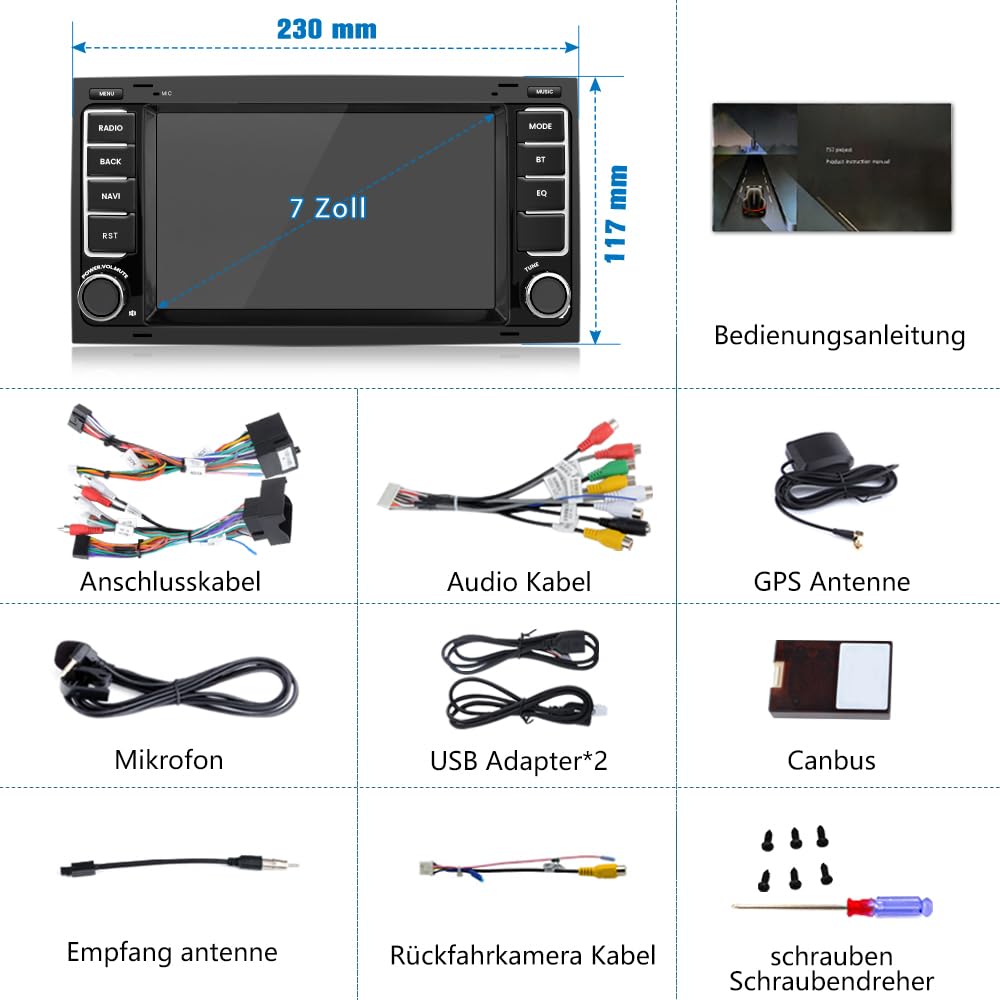 Junsun Android Autoradio für VW Touareg 2004-2011,Transporter T5 Multivan 2004-2009 2GB+32GB with 7 Zoll Touchscreen CarPlay, Android Auto, Bluetooth Navigtion Lenkradsteuerung