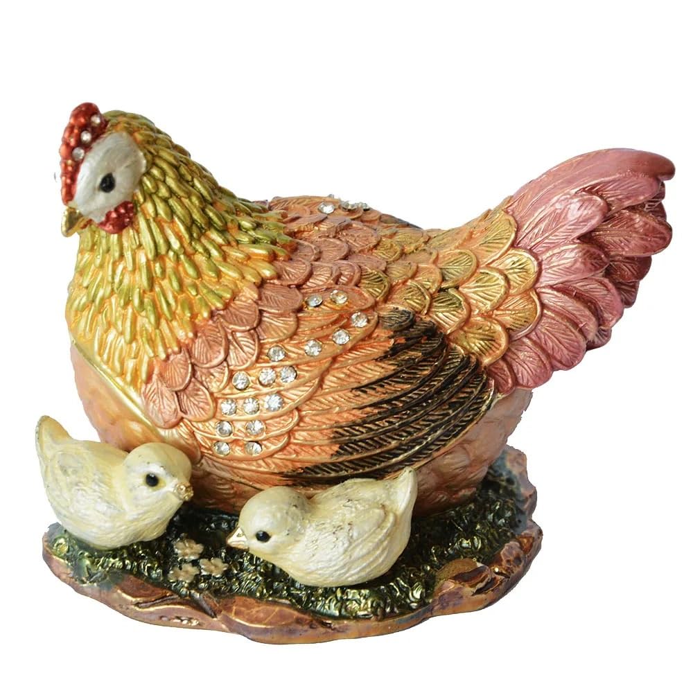 YOPI Crystal Nesting Hen With Baby Chicks Trinket Jewelry Box Plated Metal Animal Figurine For Rings Earrings Necklace Storage, Farm Animal Decor
