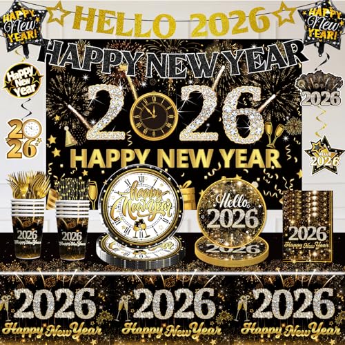 Wellspar 172pcs Happy New Year 2026 Tableware Set, Complete Disposable Paper Set Include Happy New Year Banner Tablecloth Plates 2026 New Years Eve Party Supplies for 25 People